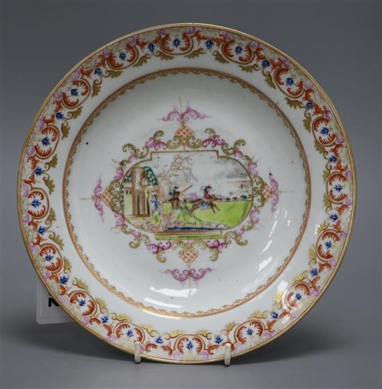 An 18th century Chinese export dish, after Meissen, depicting European subjects diameter 22cm